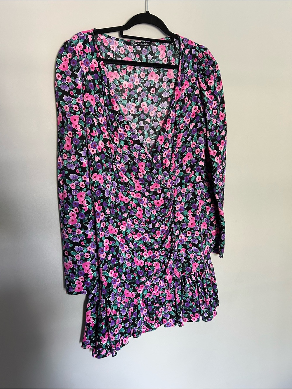 Zara Black Floral dress with Pink, Purple with front buttons and ruffles